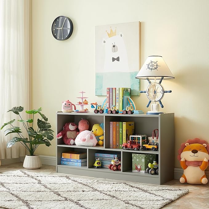 Kids Toy Storage Organizer, 5-Section Storage Cabinet for Organizing Books Toys, Wooden Bookshelf Daycare Furniture for School, Classroom Playroom, Nursery, Kindergarten (Gray)