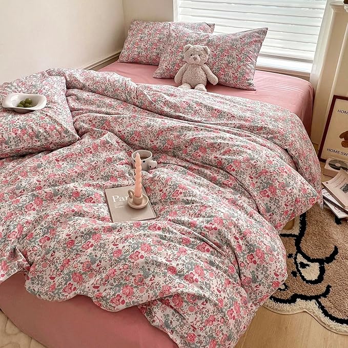 HighBuy Girl Duvet Cover Full Pink Floral Bedding Set - Shabby Chic Boho Cotton Coquette Duvet Cover Set Twin Size - Comforter Cover Set,3 Piece Bed Set(1 Duvet Cover 80"x90" and 2 Pillow Shams)