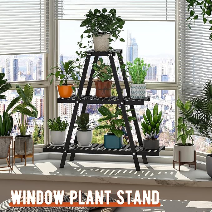 GHWIE Plant Stand Indoor Plant Shelf Outdoor bamboo Plant Rack, 3 Tiers Ladder Plant Holder Flower Stand for Living Room Balcony Garden Patio,Living Room Boho Home Decor for Gardening Gifts (Black)