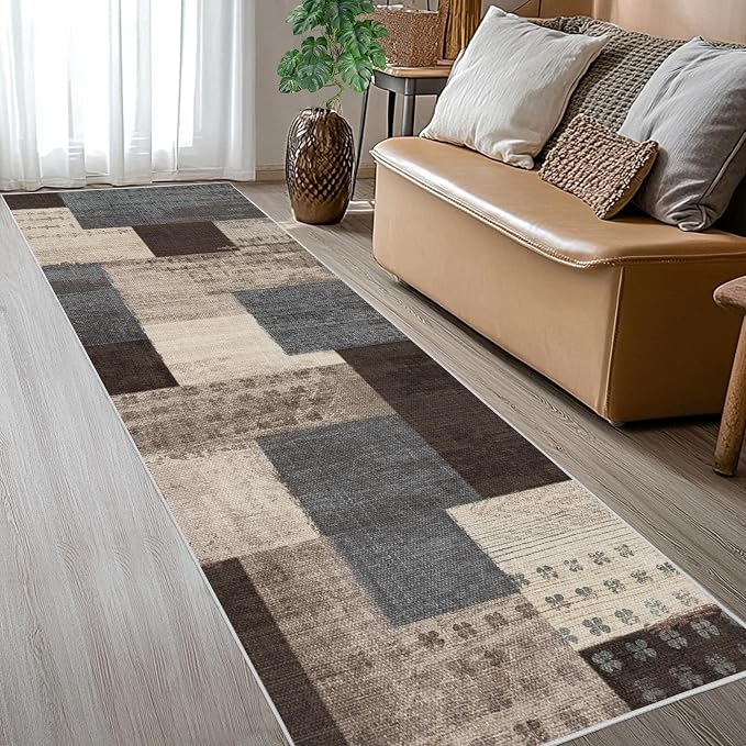 Modern Geometric Patchwork Indoor Runner Rug for Living Room, Blue-Taupe 2.7'x 8' Rug Rockwood Collection Hardwood Floors Decor for Bedroom, Blue Throw Carpet for Office Entryway Dining Room
