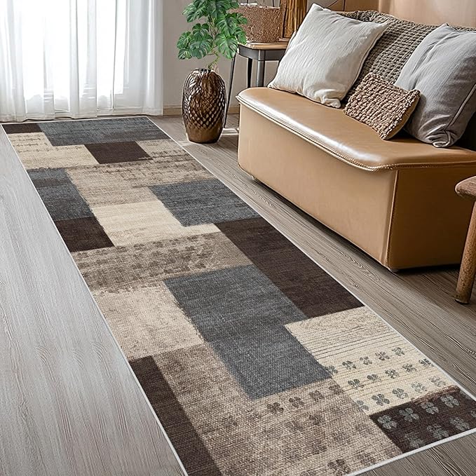 Modern Geometric Patchwork Indoor Runner Rug for Living Room, Blue-Taupe 2'x 6' Rug Rockwood Collection Hardwood Floors Decor for Bedroom, Blue Throw Carpet for Office Entryway Dining Room