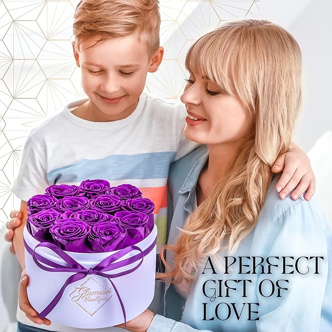 GLAMOUR BOUTIQUE Flower Forever Gift Box 12 Real Preserved Roses in Round Velvet White Box, Handmade, Rose Petals, Birthday, Marriage, Anniversary, Graduation - Purple