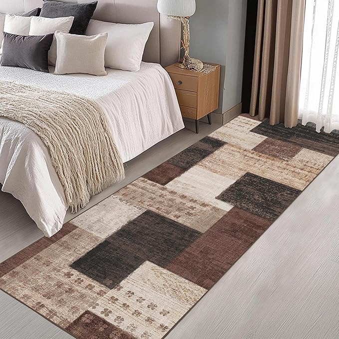 Modern Geometric Patchwork Indoor Runner Rug for Living Room, Chocolate 2'x 6' Rug Rockwood Collection Hardwood Floors Decor for Bedroom, Brown Throw Carpet for Office Entryway Dining Room