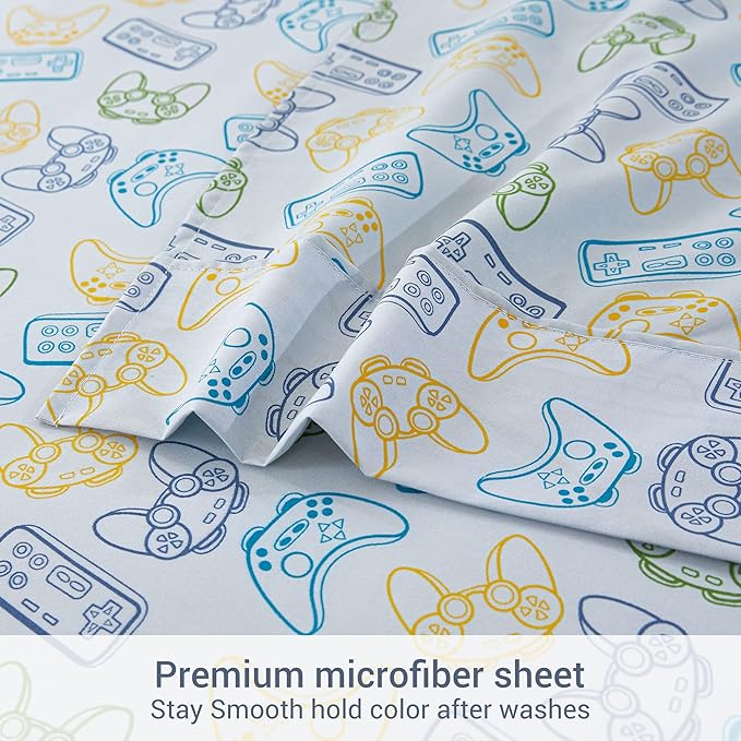Viviland 3 Pieces Boys Grey Twin Sheet Set - Soft Microfiber Fitted Flat Sheets & Pillowcase - Game Player Paddle Printed Bedding Sets - for Kids & Toddlers