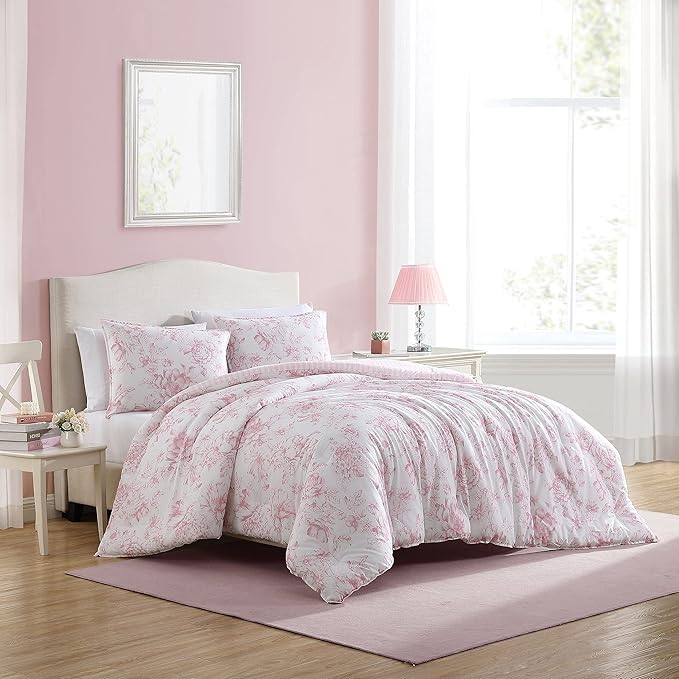 Laura Ashley - King Comforter Set, Soft & Reversible Cotton Bedding with a Smooth Feel, Medium Weight for Year Round Comfort, 3 Piece Bed Set with Matching Pillowcases (Delphine Mauve Pink)