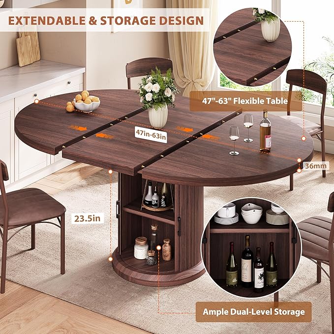 Jocoevol 47″–63″ Extendable Round Dining Table for 4–8 with Dust-Proof 2-Tier Storage Shelf Space-Saving Expandable Dining Room Table Wood Oval Circle Dining Table with Pedestal Base (Walnut)