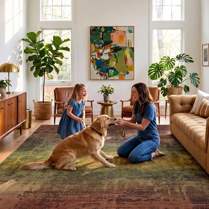 Kokia Abstract Terracotta Area Rugs Boho Washable Distressed Retro Indoor 6x9 Rug Low Pile Non-Slip Non-Shedding Carpet Bedroom Living Room Dining Room, Brown and Tan