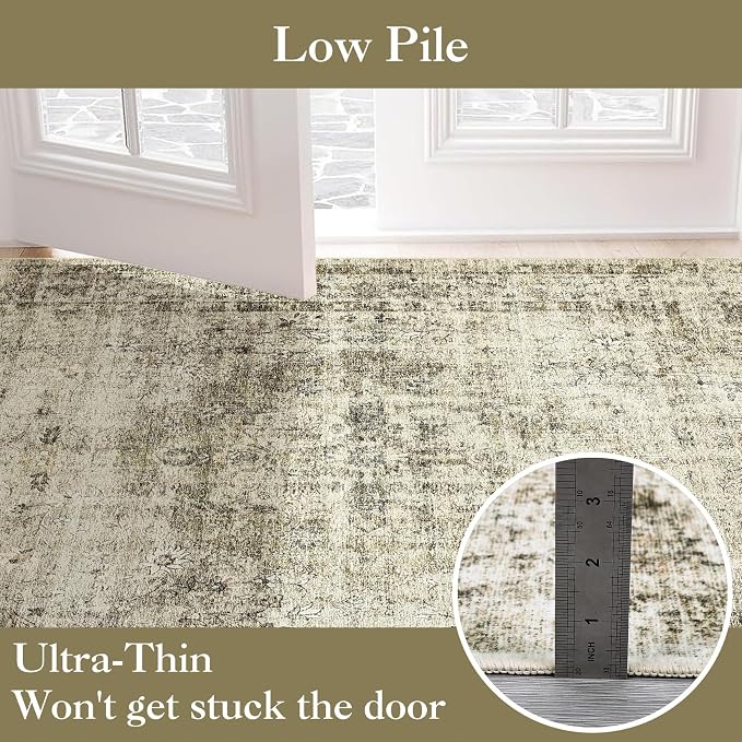 Washable 5x7 Area Rugs for Living Room Low Pile Boho Small Carpet Soft Bedroom Rug Vintage Distressed Indoor Rugs Non Shedding Thin Retro Carpet for Kitchen Nursery Dining Room, Green