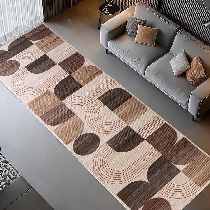 Machine Washable 2x6 Runner Rug, Soft Modern Geometric Abstract Brown Rugs for Bedroom Living Room, Non-Shedding Faux Wool Indoor Throw Floor Carpet for Office Entryway Dining Room Decor