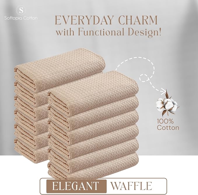 Beige Kitchen Dish Towels Set of 4-100% Cotton Waffle Weave, Super Absorbent, Soft, Quick Drying, 16x26 Inches, Ideal for Cleaning, Bar, Tea, and Everyday Use, Tan
