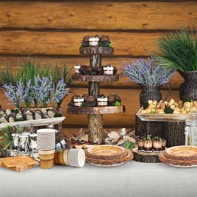 96 Pieces Camping Wood Grain Slice Tableware Set Rustic Wood Party Supplies Including Paper Plates Cups Napkins Serves 24 Guests for Hunting Baby Shower Lumberjack Birthday Party