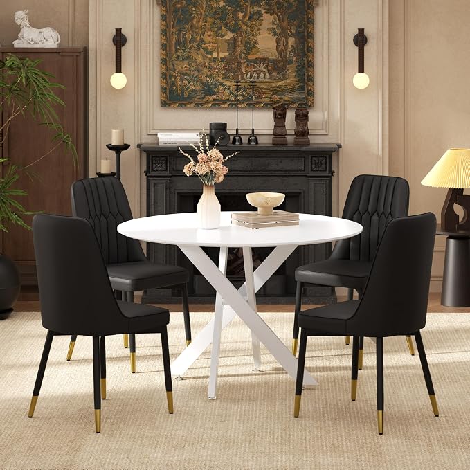 RGZ Mid Century White Round Dining Table Set for 4, 36" Small Wooden Circle Kitchen Table & 4 Black PU Leather Kitchen Chairs, Dinner Table Set for Home, Apartment, Dining Room