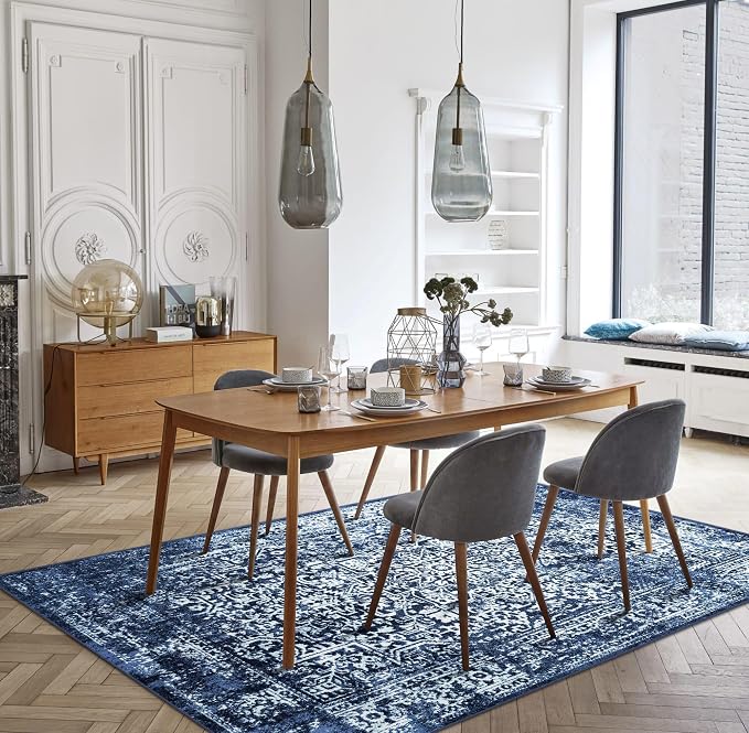 vivorug 9x12 Area Rugs, Stain Resistant Washable Rug for Living Room, Vintage-Inspired (Navy Blue, 9'x12')