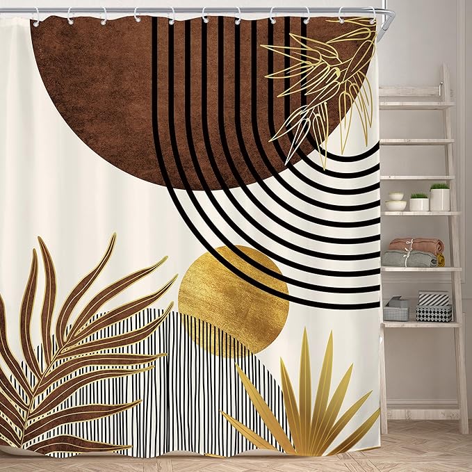 KOMLLEX Mid Century Brown Boho Shower Curtain for Bathroom Decor 72Wx78H Inches Abstract Modern Retro Tan Gold Minimalist Arch Vintage Geometric Fabric Waterproof Polyester 12 Pack Hooks Pack Hooks