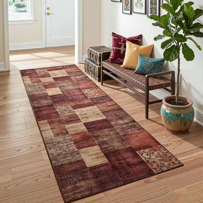 Tepook Modern Runner Rug for Living Room, 2x6 Washable Rugs for Bedroom Hallway, Geometric Patchwork Runner Rug Non-Slip Indoor Throw Carpet for Entryway Kitchen Office Home Decor, Red