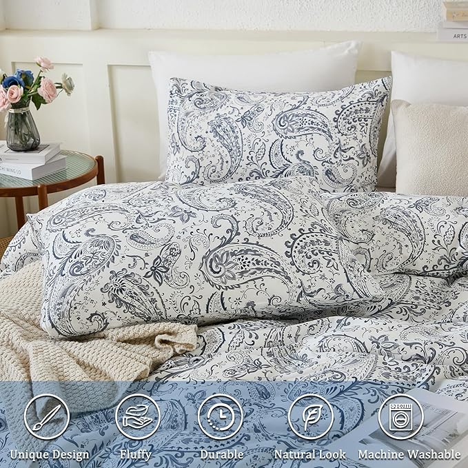 100% Cotton Duvet Cover Sets Queen Size, 3 Pieces Reversible Soft Bedding Sets,Blue Floral Paisley Comforter Cover, Breathable, Lightweight, All Season