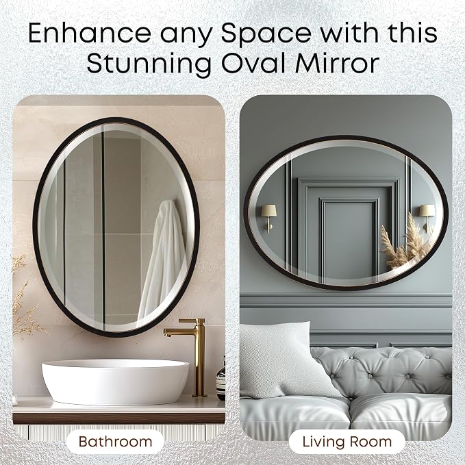 OVALCREST - Oval Wooden Beveled Wall Mirror for Home Decor, Bathroom, Vanity, Bedroom, Living Room, Hallway - London Style (Rubbed Black) 31.1 x 21.1