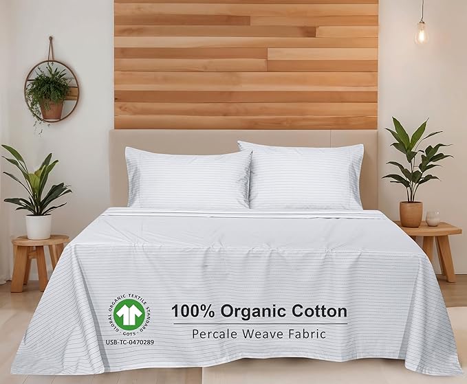 RUVANTI 100% Organic Cotton Sheets King Size, Percale Weave, GOTS Certified, 4-Piece Set, Deep Pocket 15", Crisp & Breathable, Soft Durable Bedding, Sábanas Algodón Orgánico – Construction Line