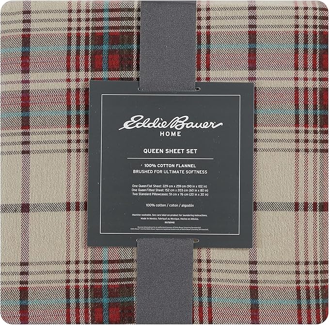 Eddie Bauer - Flannel Sheets King Size, Anti-Pilling & Wrinkle Resistant Cotton, Touchably Soft for All-Season Comfort - Bed Sheets with Matching Pillowcases & Fitted Sheet (Montlake Plaid Red)
