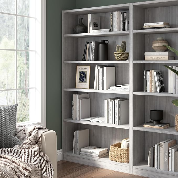Bush Home Universal Tall 5 Shelf Bookcase in Platinum Gray, Vertical Storage and Display Bookshelf for Home Office or Living Room Organization
