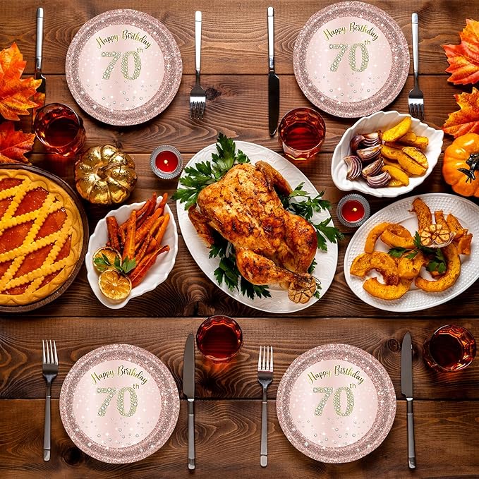 72 Pcs 70th Birthday Paper Plates and Napkins Party Supplies, Rose Gold 70th Birthday Party Plates and Napkins Tableware Set for Men Women Cheers to 70 Years Birthday Party Decorations Serves 24