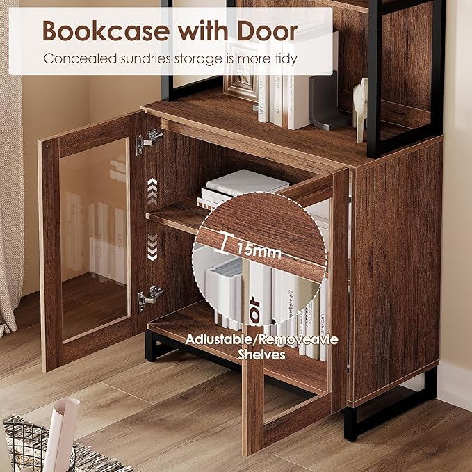 WAMPAT Modern 72" Tall Bookcase with Glass Doors and Adjustable Shelves, Library Book Shelf with Storage Cabinet and Open Book Shelfs, Wood Bookshelf for Home Office, Living Room, Brown