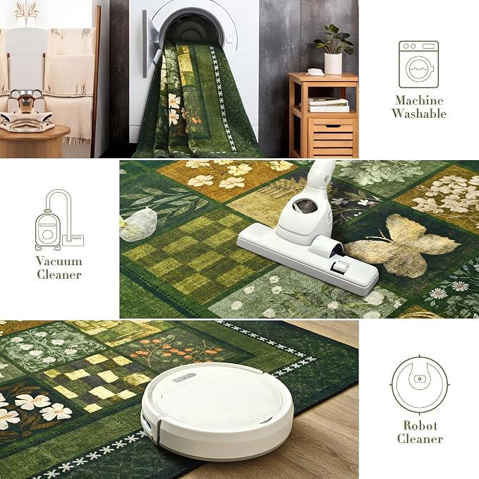Tepook 4x6 Area Rugs for Living Room, Modern Large Geometric Rug for Bedroom, Washable Patchwork Rug Indoor Non Slip Throw Carpets for Dining Room Office Farmhouse Home Decor, Dark Green