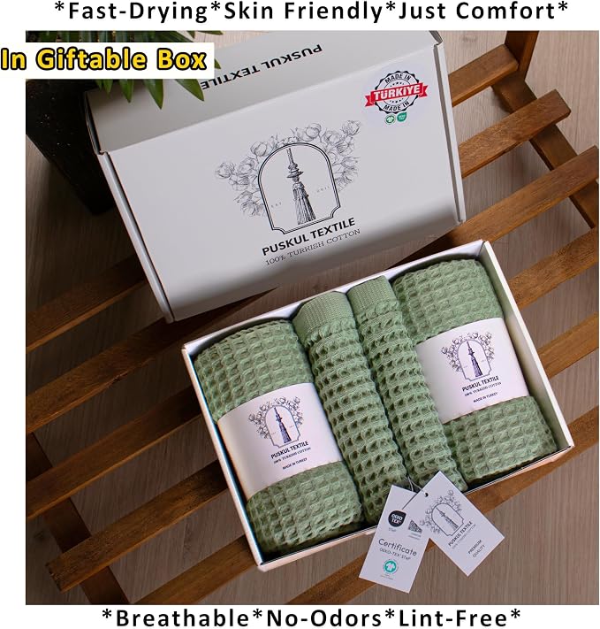 PÜSKÜL 4-Piece Natural 100% Turkish Cotton Luxury Waffle Towels for Bathroom | Premium Honeycomb Weave 2 Hand Towel & 2 Bath Towel Set | Soft Absorbent Quick-Dry Lightweight Towels (Sage Green)