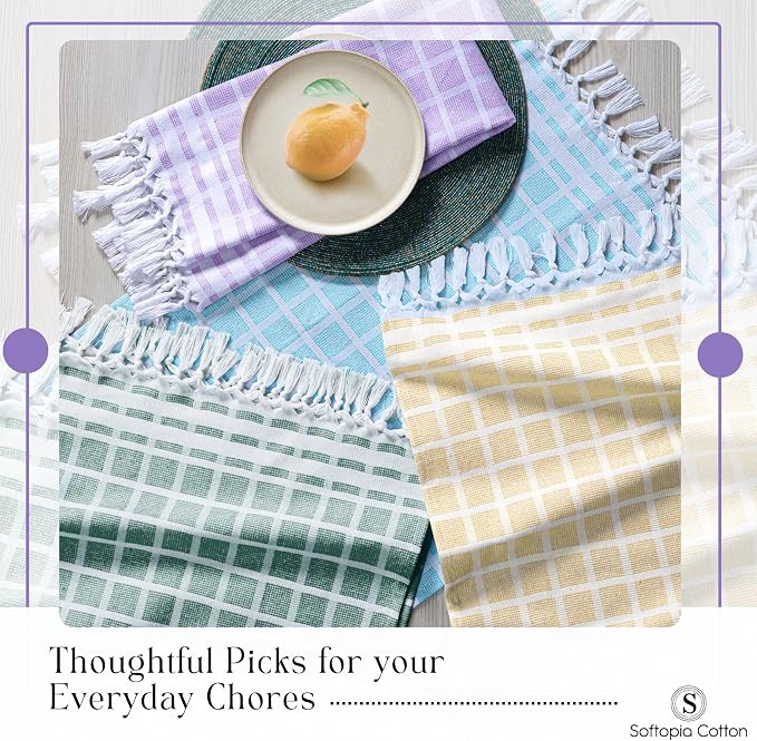 4 Pack Combo Colors Matrix Kitchen Towels, 100% Cotton, 16"x26", Absorbent Tea Towel with Handmade Tassels, Reusable Cleaning Cloths - Lavender, Sandal Yellow, Aqua Blue, Forest Green