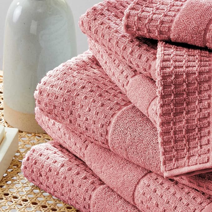 Market & Place 100% Cotton Super Soft Luxury Bath Towel Set | Quick-Dry and Highly Absorbent | Waffle Textured | 550 GSM | Includes 4 Bath Towels | Harper Collection (Rose)