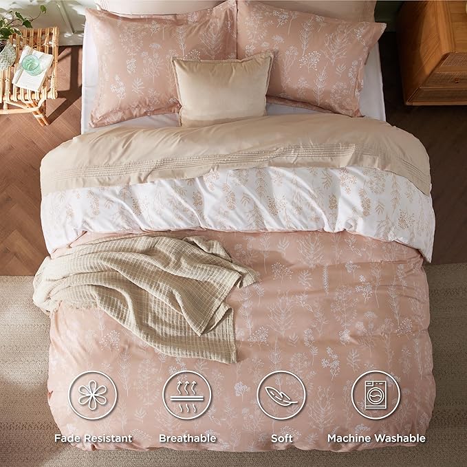 Bedsure Duvet Cover Queen Size - Reversible Pink Queen Duvet Cover Set with Zipper Closure, 3 Pieces Cute Floral Patterned Bedding Set with 8 Corner Ties and 2 Pillow Shams