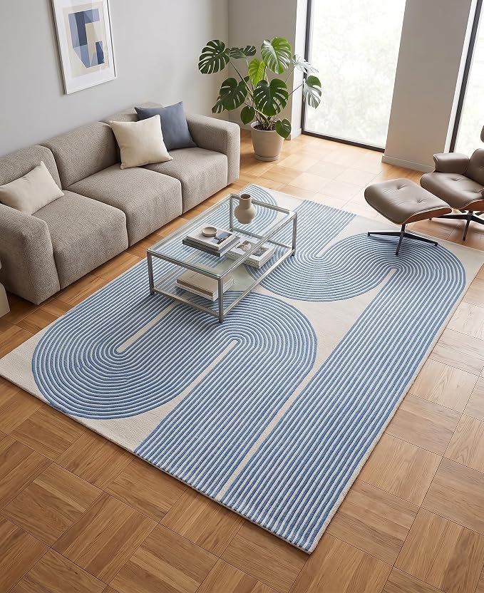 Modern Handmade Wool Area Rug, Abstract Curved Line Geometric Indoor Carpet for Living Room Bedroom, Contemporary Tufted Rug with Soft Pile and Cotton Backing (Sky Blue, 4' x 6')