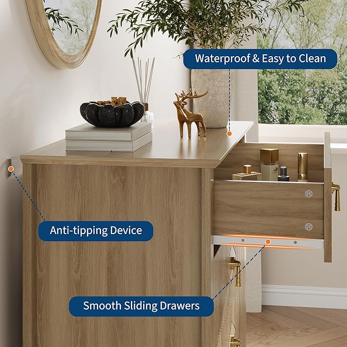 GarveeHome Fluted Dresser for Bedroom, 42.9" Tall 5-Drawer Wood Dresser, Modern Chest of Drawers, Storage Organizer Cabinet for Living Room, Hallway, Entryway, Natural Oak