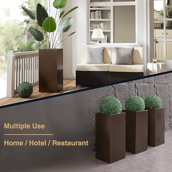 Wallowa Large Planter for Outdoor Plant 14Lx14Wx30H Inches Metallic Heavy Tall Planter Box for Outdoor & Indoor, Rectangular Flowerpot 25Lbs/PC, Espresso, No Assembly and Seamless, Set of 2