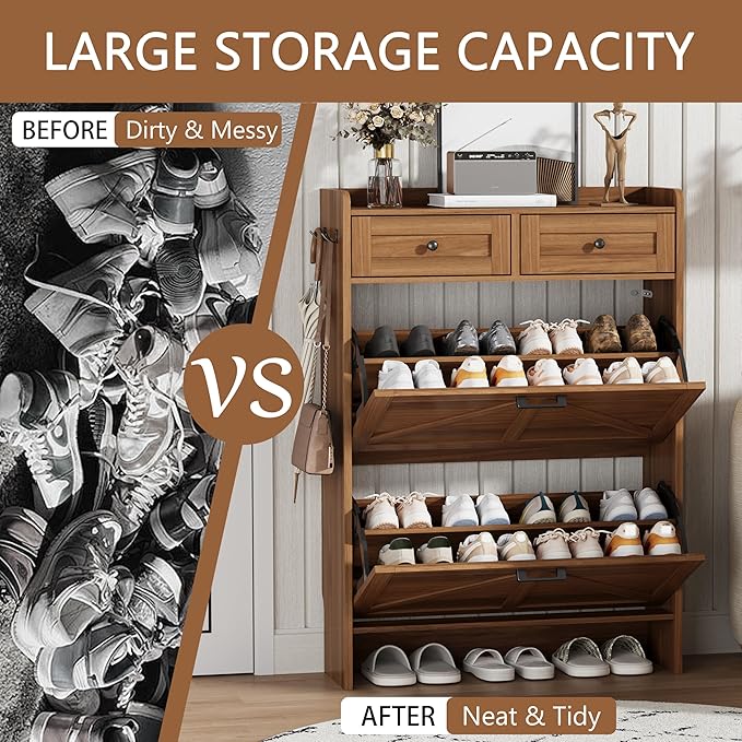 Shoe Cabinet with 2 Flip Drawers & 2 Top Drawers, 43" Tall Freestanding Narrow Wooden Shoe Storage Organizer for Entryway, Hidden Slim Shoe Rack for Front Door Entrance, Hallway, Living Room, Walnut