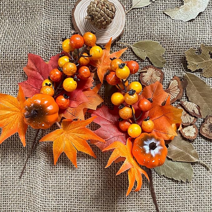 12 Pack Fall Stems Artificial Berry Picks Fall Picks with Pine Cone Sunflowers Pumpkin Maple Leaves Branches Decorations for Harvest Autumn Thanksgiving Day Wreaths Indoor Outdoor Home Decor
