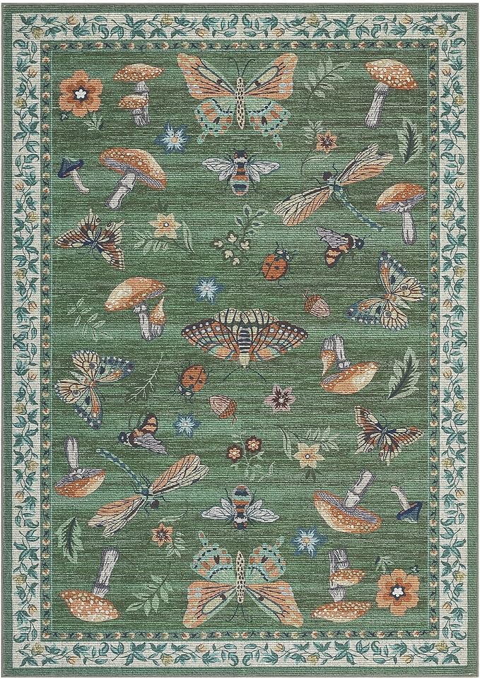5x7 Washable Mushroom Floral Small Rug Non Slip Living Room Vintage Area Rug Low Pile Soft Bedroom Rugs Non Shedding Kitchen Rugs Boho Retro Indoor Carpet for Kids Nursery Room, Green