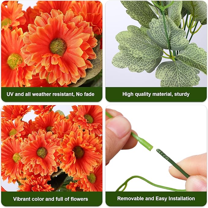 HyeFlora Dahlia Artificial Winter Flowers for Outdoors Christmas Decoration, 6 Bundles Fake Daisy Faux Plants Realistic UV Resistant Silk Flowers for Outside Planter Yard Garden Home, Orange Yellow