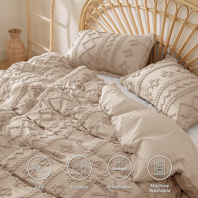 Bedsure Boho Duvet Cover King Size, Soft & Comfortable Elegant Design Boho Bedding for Decoration, Machine Washable Comforter Cover for All Seasons,Includes 1 Duvet Cover & 2 Pillow Shams,Khaki