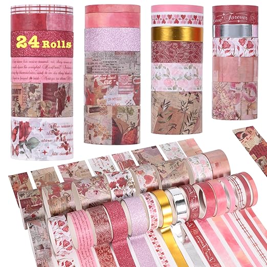 FTTELK 24 Rolls Vintage Washi Tape Set,Glitter Floral Decorative Adhesive Tape for Scrapbooking Supplies,Junk Journal,DIY Crafts,Planners and Gift Wrapping(Romantic Eternal Series)