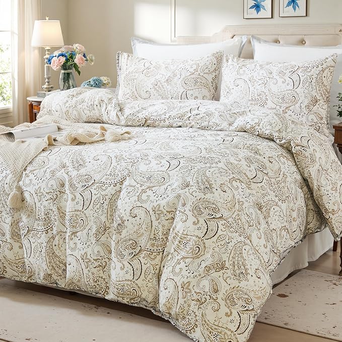 100% Cotton Duvet Cover King Size- 3 Pcs Grey Paisley Comforter Cover, Soft & Breathable Floral Bedding Duvet Cover Sets with Zipper Closure for All Season