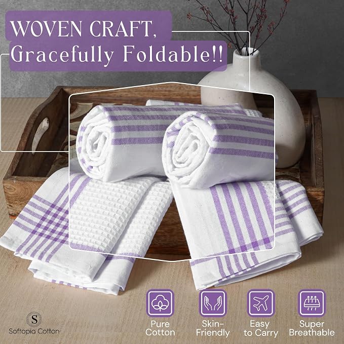 Waffle White & Lavender Kitchen Dish Towels 4 Pack, 100% Cotton, 16"x26", Thick Hand Towel for Drying Dishes, Quick Dry Washcloths, Perfect for Bar, Cooking, Serving, Cleaning