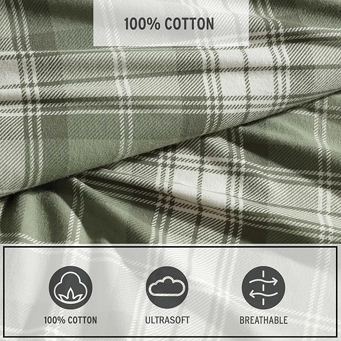 Eddie Bauer - Twin Bed Sheets, Cotton Flannel Bedding Set with Matching Pillowcase, Brushed for Extra Softness, Deep Pocket, Oeko-Tex Certified (Heartland Plaid Green)