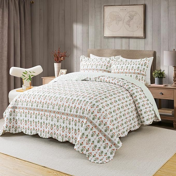 HoneiLife Queen Quilt Bedding Set - Wildflower Quilt Sets for Queen Bed,3-Piece Microfiber Bedspreads,Lightweight Coverlets Botanical Bed Cover,Floral Bedding Set All Season Quilts-Sweet Grass