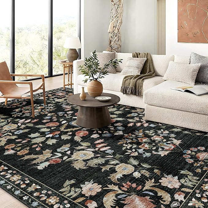 MUJOO 9x12 Area Rug Washable,Large Floral Rugs for Living Room Bedroom Dining Room,Boho Indoor Floor Rug Non Slip Throw Carpet Low Pile Vintage Black
