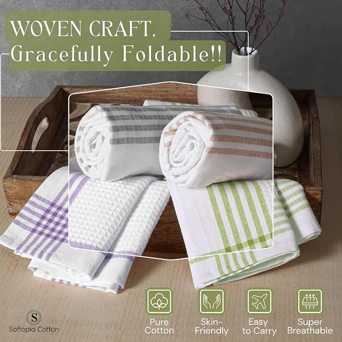 Waffle White & Multi Colors Kitchen Towels 4 Pack, 100% Cotton, 16x26 inches, Quick Dry Dishcloths, Ideal Dish Towel for Drying, Wiping - Lavender, Lemon Green, Beige, Light Grey