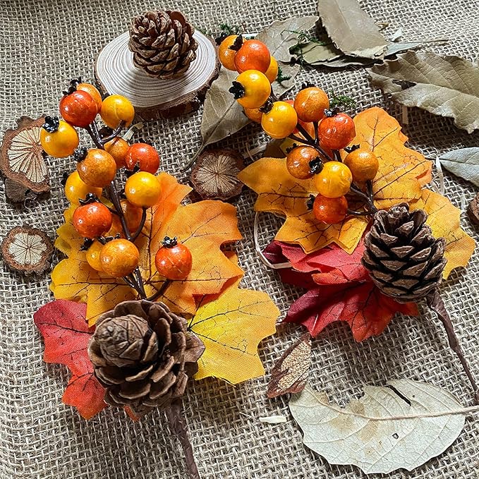 6 Pack Fall Stems Artificial Berry Picks Fall Picks with Pine Cone Maple Leaves Branches Decorations for Harvest Autumn Thanksgiving Day Flower Arrangements Wreaths Indoor Outdoor Home Decor