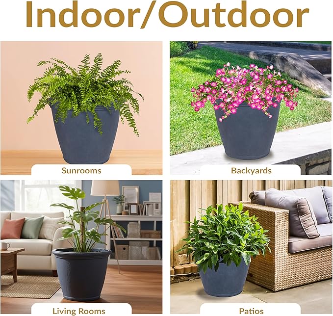Sunnydaze 24-Inch Anjelica Large Plastic Pot for Plants - Double-Walled Outdoor Polyresin Round Planter Porch Pot with Drillable Drainage Holes - Slate - 2pk