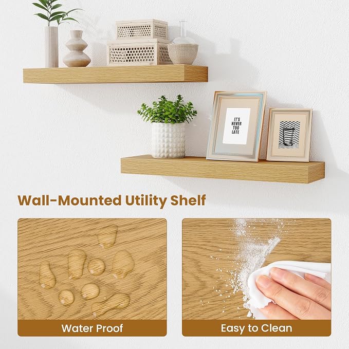 Fun Memories Floating Shelves Set of 2, 24 Inch Floating Shelves for Wall, Wood Wall Shelves with Invisible Brackets, for Bathroom, Bedroom, Living Room, Kitchen, Oak