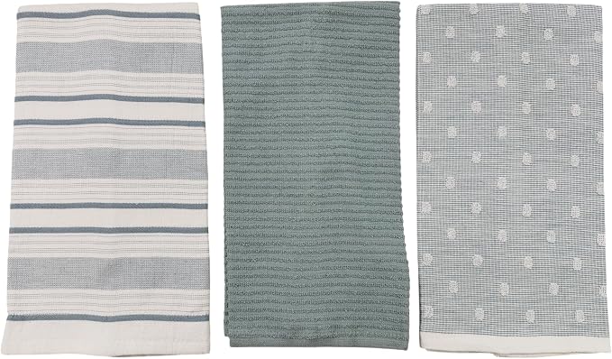 Blue White Kitchen Hand Dish Towels: Oversized 28" x 16",100% Cotton Cloth Soft Cleaning Drying Absorbent Striped Solid Polka Dot Design, Set of 3 Multipurpose for Everyday Use (Blue Austin)
